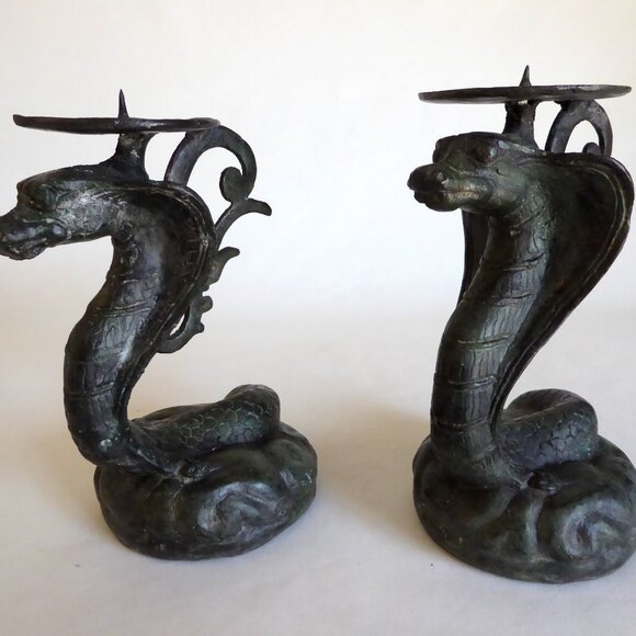 ANTIQUE VINTAGE GOTHIC ODDITY COBRA SNAKE SOLID BRONZE CANDLE STICK HOLDER SET